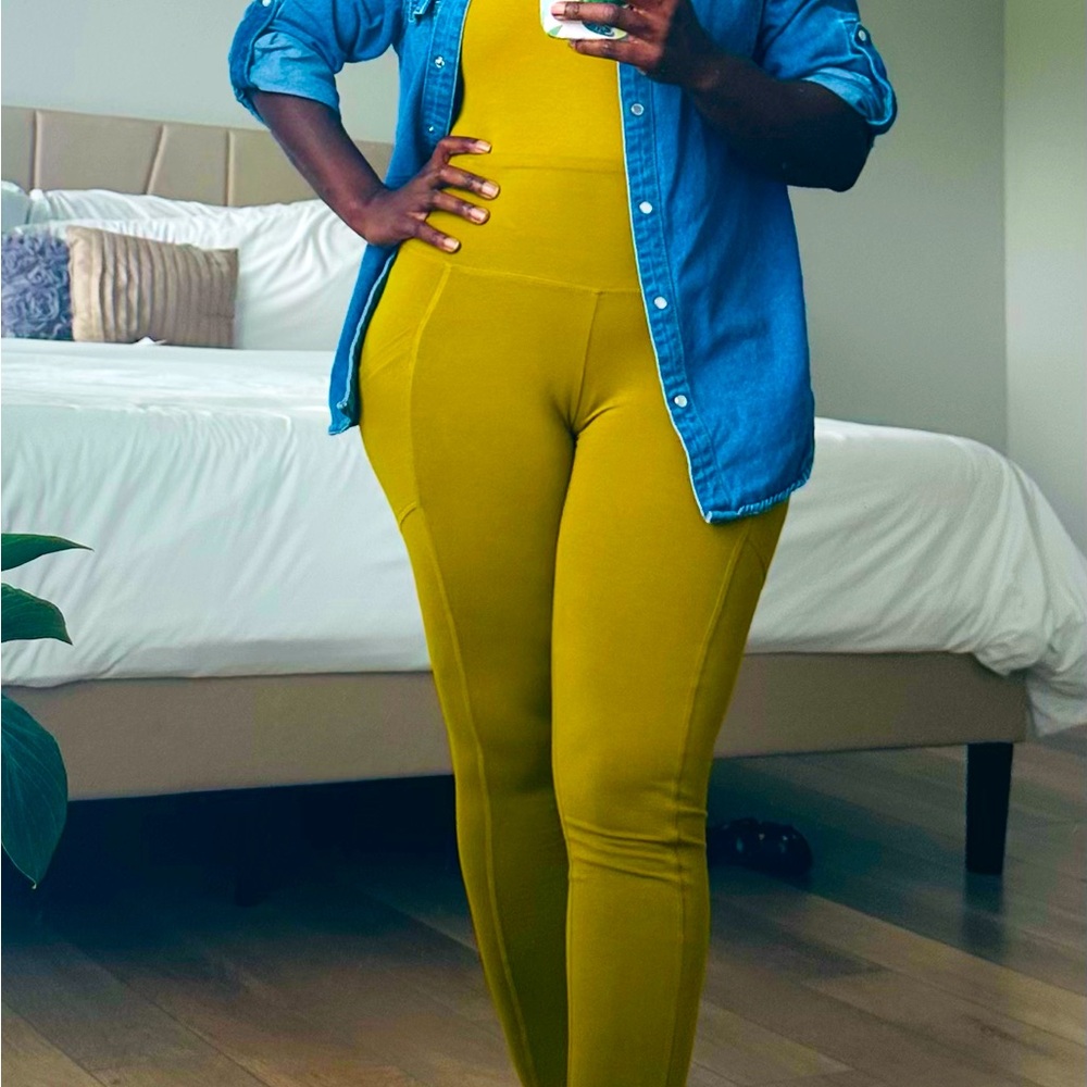 Cotton Wide Waistband Side Pocket Leggings - Olive Mustard